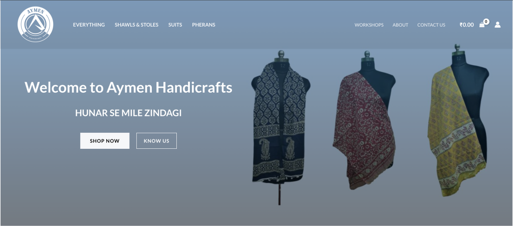 Aymen Handicrafts website homepage screenshot showcasing handcrafted products and modern UI design.