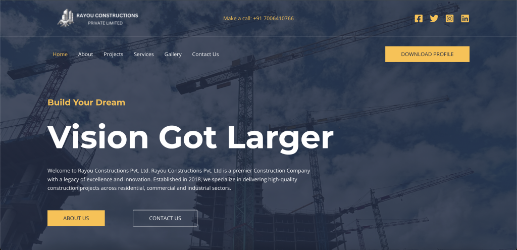Rayou Constructions website screenshot featuring a modern construction and contracting company design.