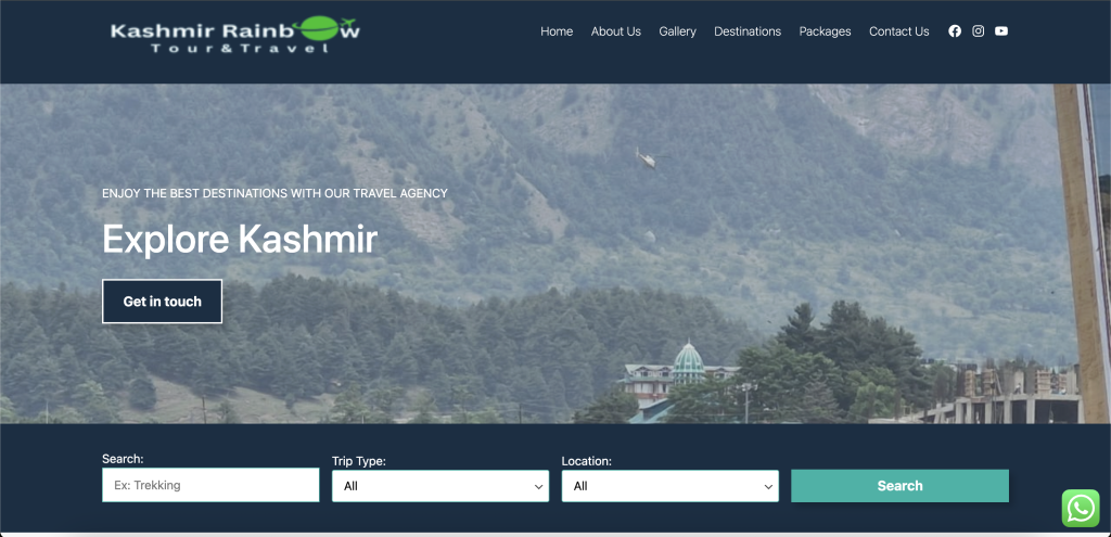 Screenshot of Kashmir Rainbow Tour and Travel Agency website highlighting travel packages and tourism services.