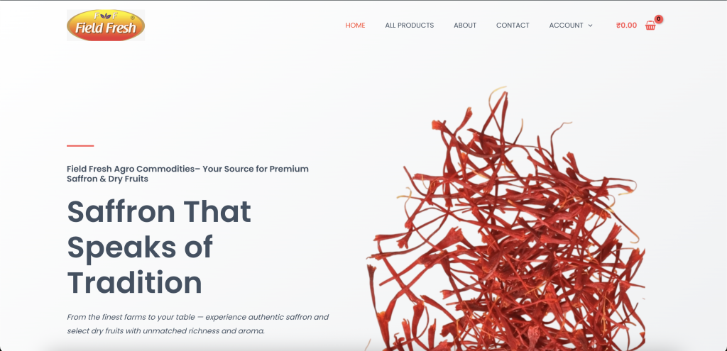 Screenshot of FFAgros eCommerce website showcasing dry fruits, saffron, Kashmiri kehwa, and premium organic products.