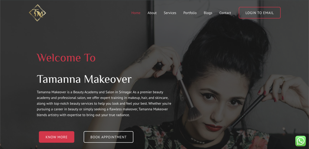 Tamanna Makeover Artist website screenshot showcasing a modern beauty salon and makeup academy design.