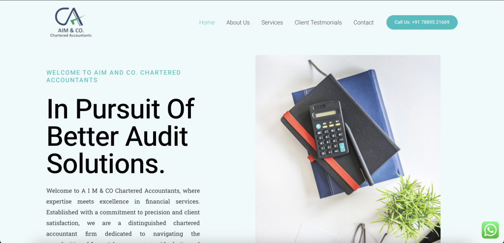 Screenshot of AIM & Co Chartered Accountant firm website showcasing financial and accounting services.
