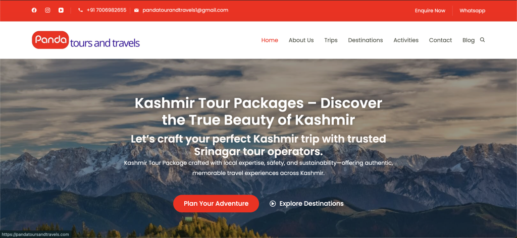Screenshot of Panda Tours and Travels website showcasing tour packages, travel services, and destination experiences |Hudasoft